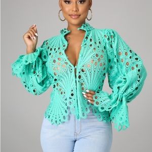Crochet Lace Bell Sleeved Blouse (Mint)